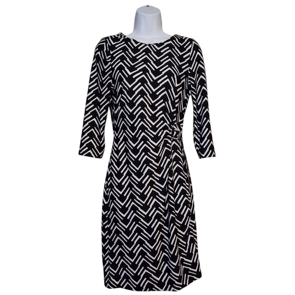 Kim Rogers Womens Sheath Dress Size PS Petite Small Black White Ruched Buckle